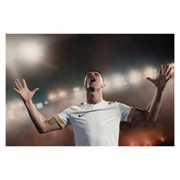 Cristiano Ronaldo shouting in celebration wearing a white sports jersey with arms raised inside a stadium