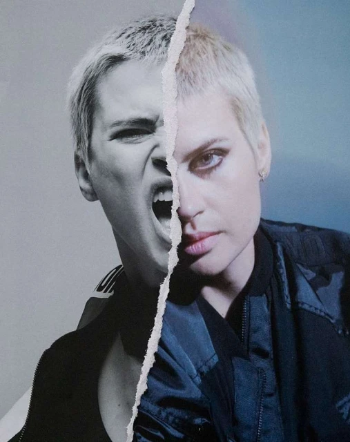 Torn photo with a woman in a jacket, half her face showing an angry expression and half her face showing a neutral expression.