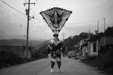 Monochrome photograph of a masked figure wearing an elaborate triangular headdress standing on a paved street.