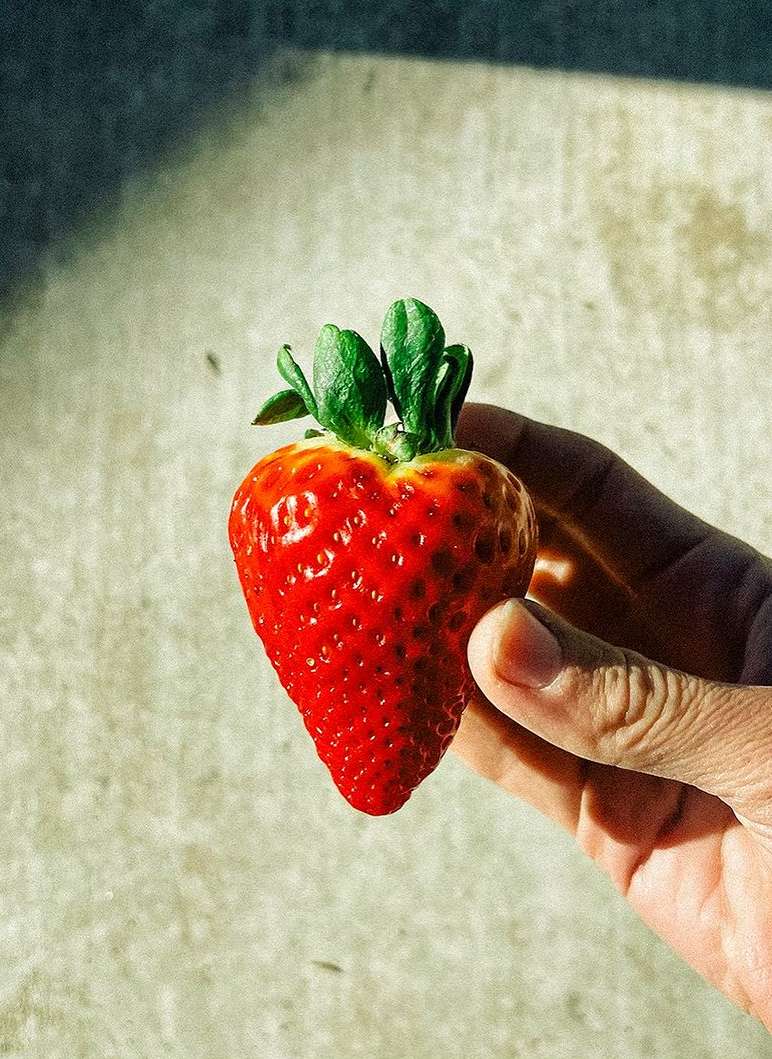 Close-up of a single red strawberry with green leaves, held in a person's hand, in bright outdoor lighting against a pale background.