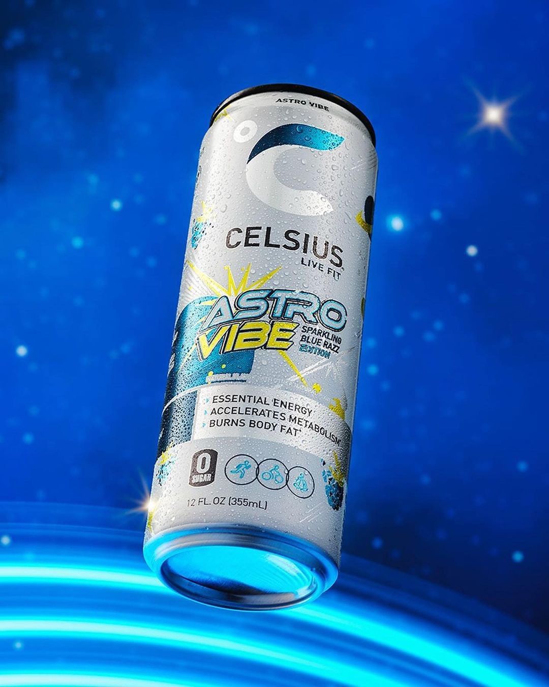 Eye-level shot of Celsius energy drink can, 'Astro Vibe' flavor, set against a dark blue, star-studded background with blue light streaks.