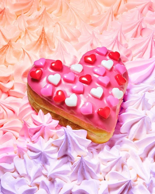 Heart-shaped donut frosted with pink icing and candy hearts, resting on a bed of pink and lavender meringue kisses.