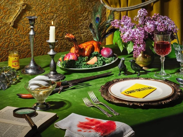 Dinner table scene features a roasted bird, antique silverware, crime scene evidence, magnifying glass, candle, and dark moody lighting.