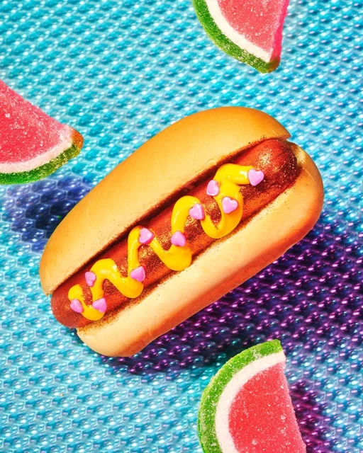 Close-up of a hot dog with mustard and candy hearts, with watermelon candies on a blue bubble-textured background. 