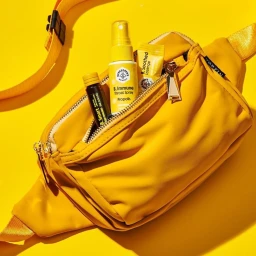 Bright yellow fanny pack holding health products against a solid yellow backdrop, photographed by Sarah Anne Ward.