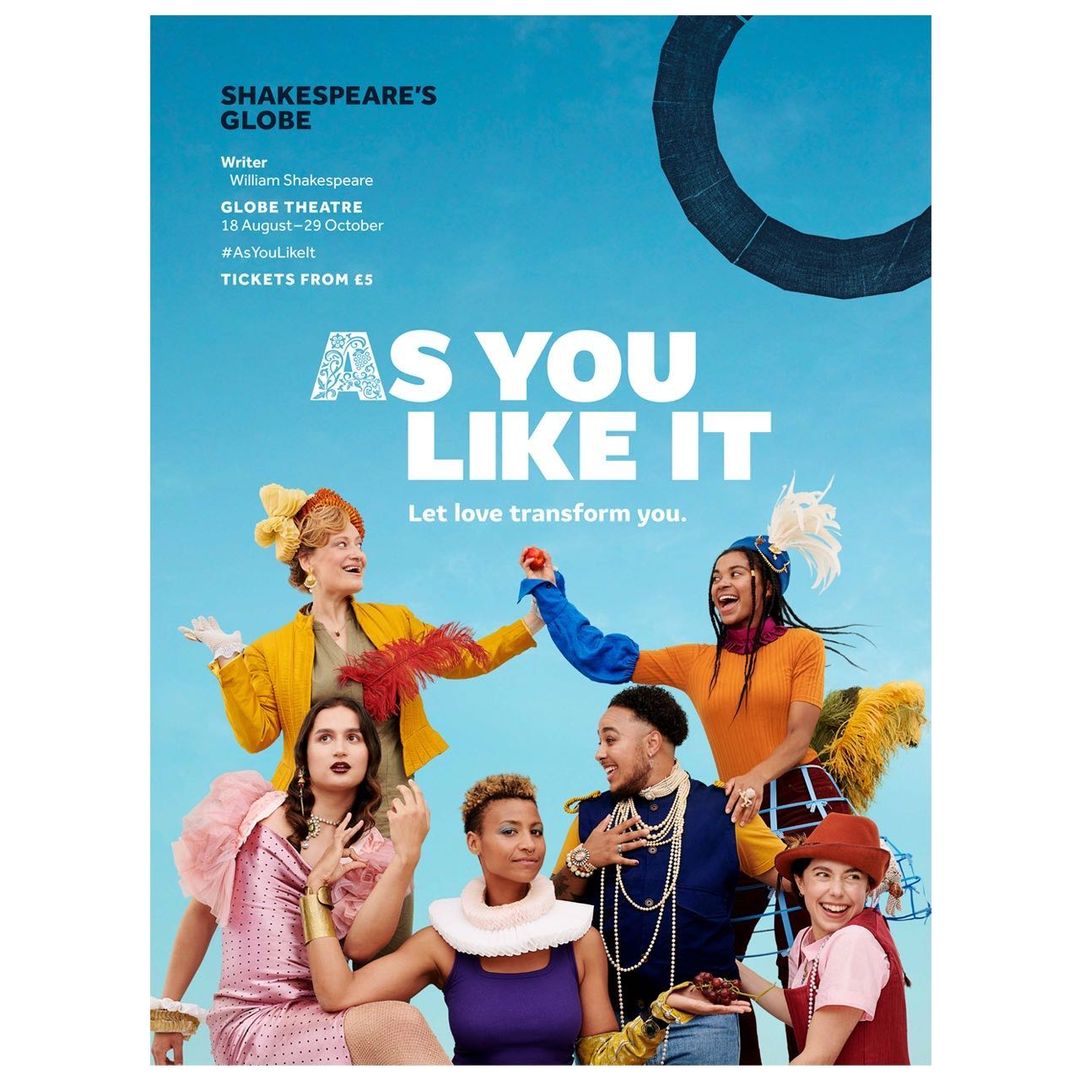 Promotional poster for 'As You Like It' featuring six diverse actors in brightly colored vintage costumes against a blue background.