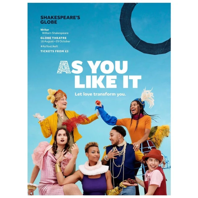 Promotional poster for 'As You Like It' featuring six diverse actors in brightly colored vintage costumes against a blue background.