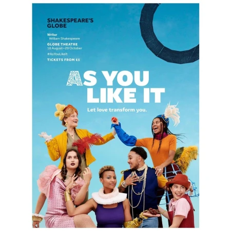 Promotional poster for 'As You Like It' featuring six diverse actors in brightly colored vintage costumes against a blue background.