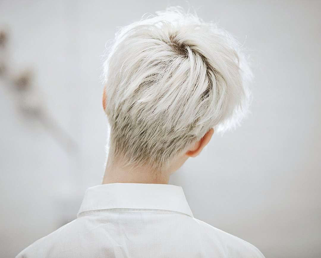 Close-up from behind of a person with short, light blonde hair wearing a white collared shirt against a blurred white backdrop.