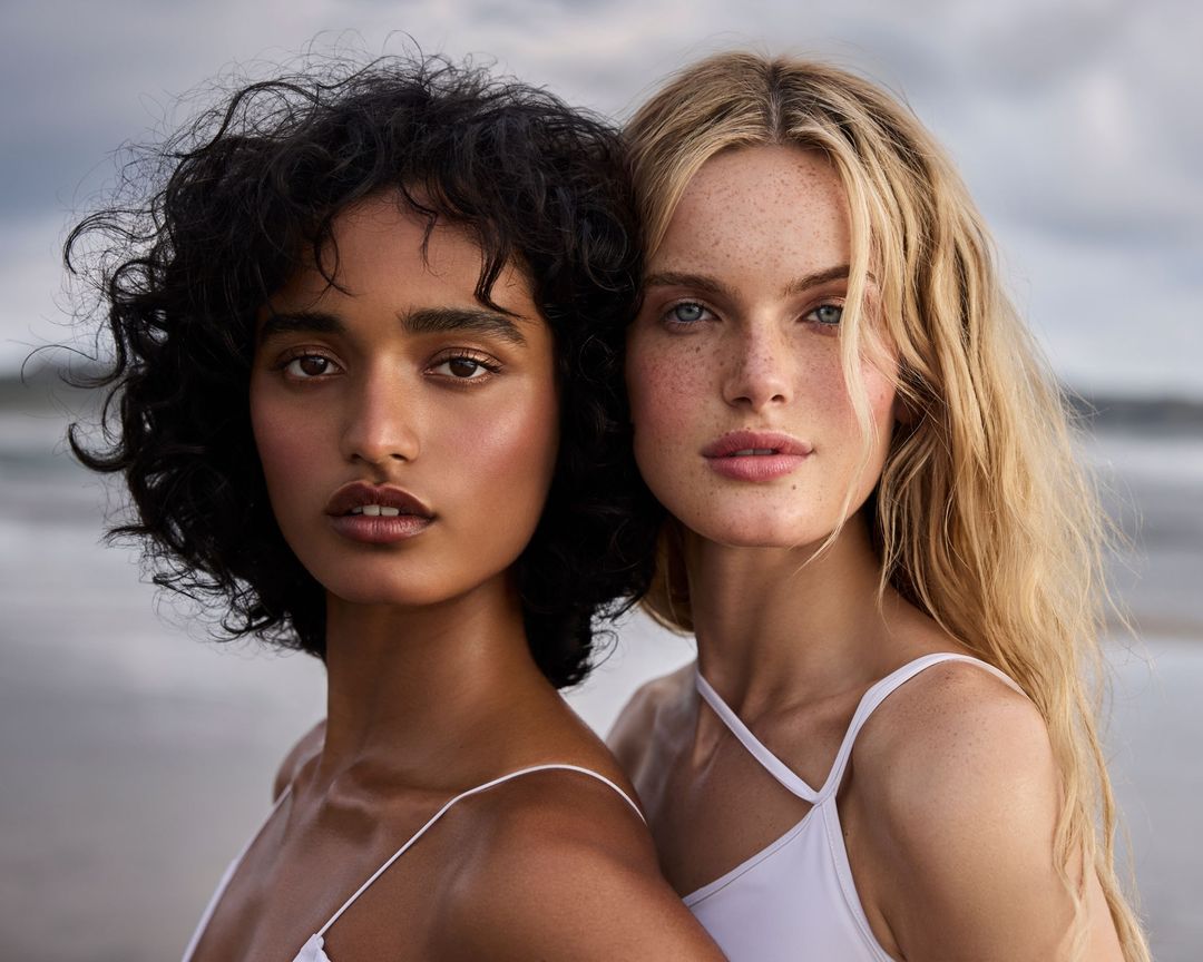Close-up portrait of two women, one with curly dark hair and the other with wavy blonde hair, wearing white tops against a beach background.