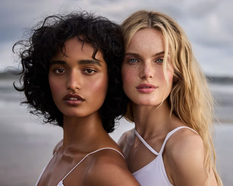 Close-up portrait of two women, one with curly dark hair and the other with wavy blonde hair, wearing white tops against a beach background.