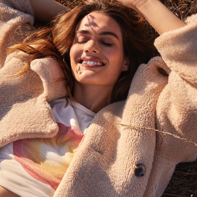 Attractive young woman with brown hair lying in a field of dry grass, wearing a teddy bear jacket over a shirt with a heart graphic.