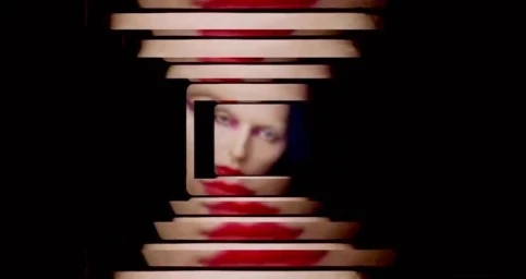 A layered multiple exposure portrait of a woman with red lips and eyes set against a stark black background.
