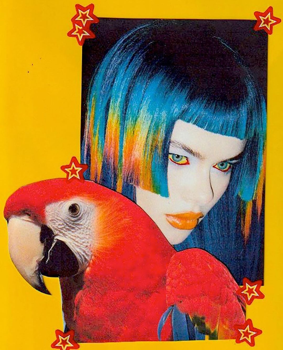 Illustration featuring a woman with vibrant blue and rainbow hair next to a colorful red parrot, set against a bright yellow background.