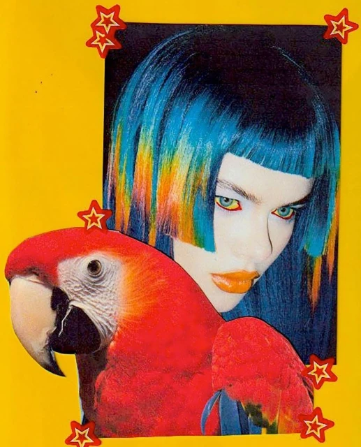 Illustration featuring a woman with vibrant blue and rainbow hair next to a colorful red parrot, set against a bright yellow background.