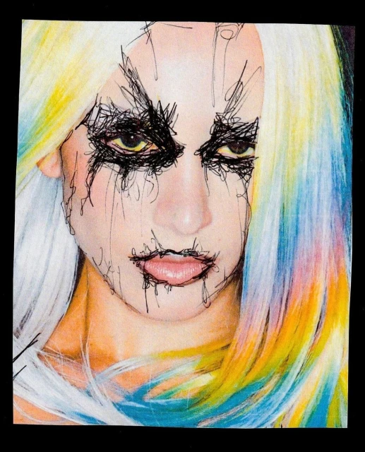 Illustration of a woman's face with colorful hair and drawn lines, creating a textured, artistic portrait with bold black accents.