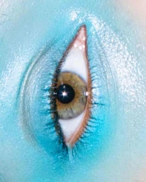Close-up macro portrait of a human eye surrounded by vibrant turquoise blue body paint and long dark eyelashes photographed by Sarah Pardini