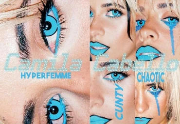 Close-up portrait composite of a woman with vibrant blue contact lenses, bold cyan eyeliner, and matching blue lipstick by Sarah Pardini
