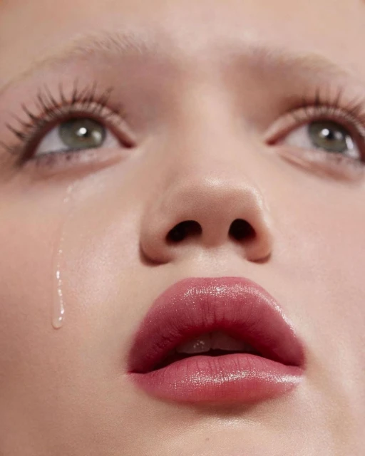 Close-up studio shot of a young adult woman with fair skin, tears on her face, glossy lips, and mascara-coated lashes.
