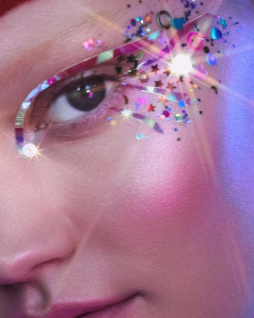 Close-up of a face with iridescent star and dot makeup around the eye. Cosmetic details and pink blush highlight the skin.