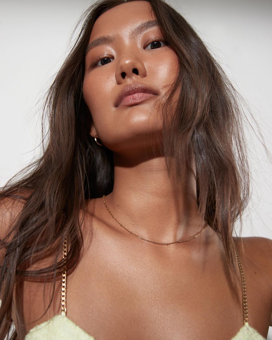 Close-up portrait of a young adult woman with long brown hair, wearing a delicate gold chain necklace and a light green top indoors.