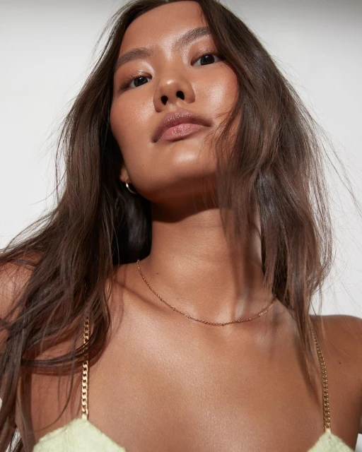 Close-up portrait of a young adult woman with long brown hair, wearing a delicate gold chain necklace and a light green top indoors.