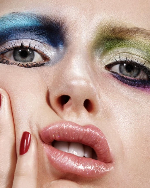Close-up of a woman's face with colorful eyeshadow in blue, green, and purple, shiny pink lipstick, and red nail polish, beauty shot.