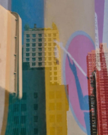 Colorful abstract collage with layered cityscapes in blue, yellow, and red, featuring geometric shapes and textured surfaces. 