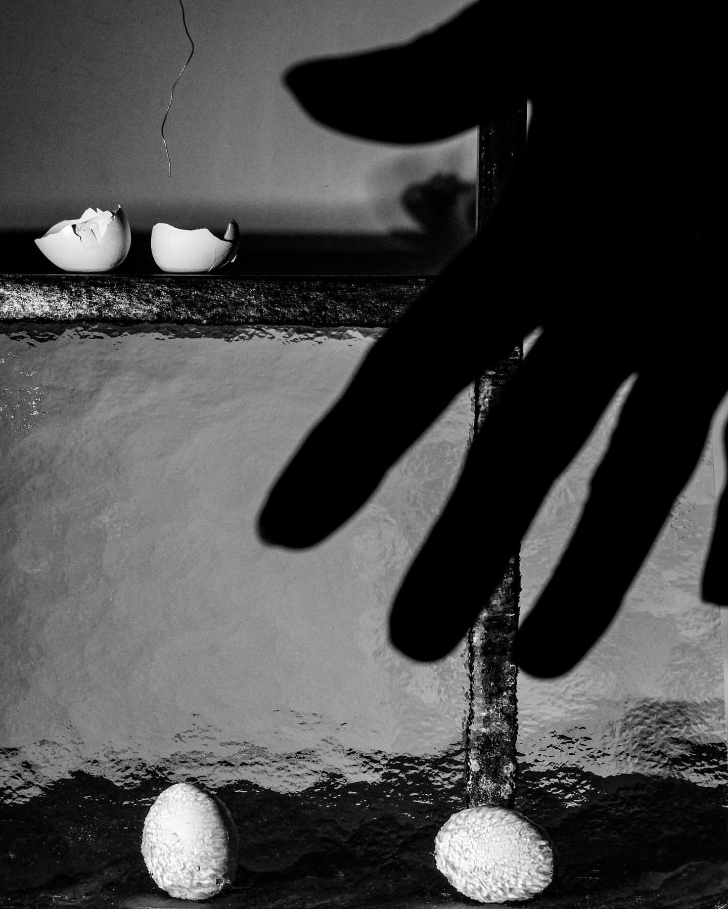 Monochrome photo featuring eggshells on a ledge, whole eggs below, and a shadowed hand reaching down in a simple composition.