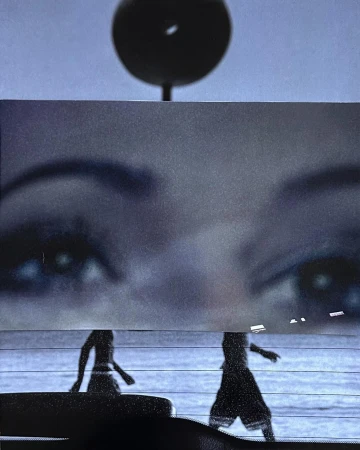 Abstract montage of a person's eye and shadows of two figures walking in front of a body of water, creating a surreal and evocative composition.