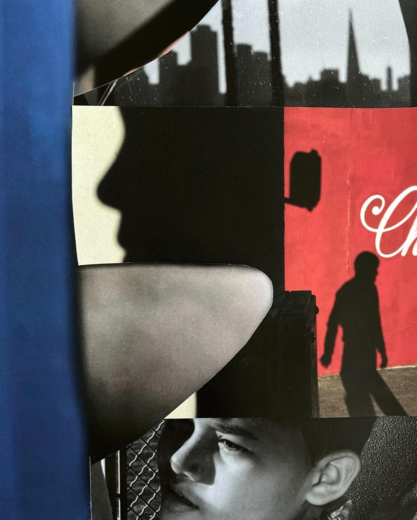 Collage of monochrome photos featuring a man's face, silhouette of a city skyline, and a shadowy figure walking, with bold red accents.
