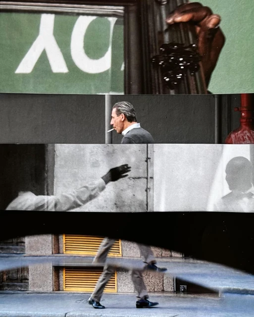 Abstract collage featuring a pedestrian, a smoking man, a hand reaching for a door, and a store sign, creating a layered effect.