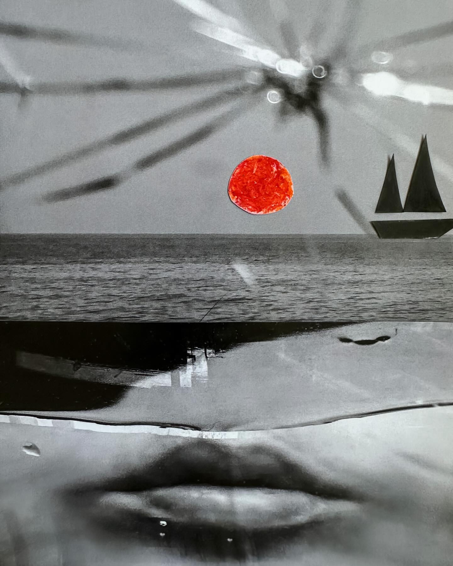 Abstract seascape art featuring an orange sun, sailboat, ocean, and blurred reflections, creating a surreal and tranquil scene.