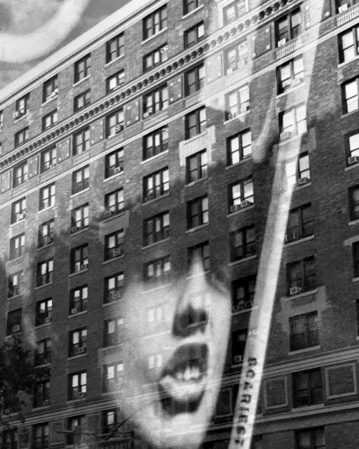 Monochromatic image of a person with an open mouth and a protest sign, over a building, creating a stark and impactful visual statement.
