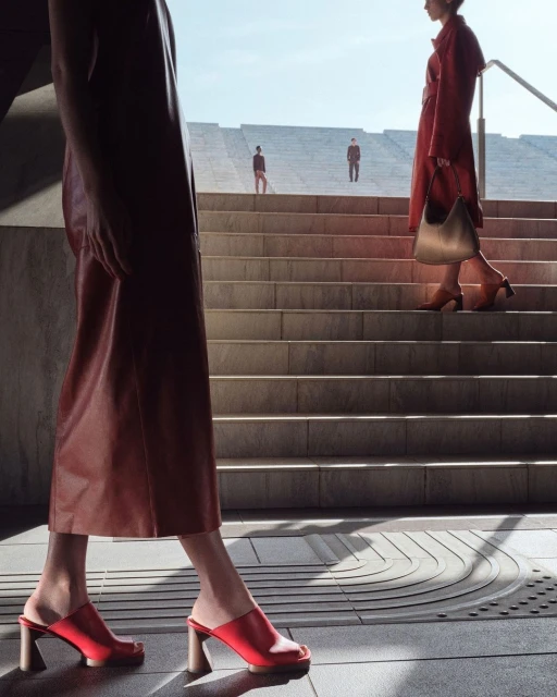Fashionable woman in red skirt and mules walking down stairs with distant figures, bathed in sunlight, creating a modern, stylish scene.