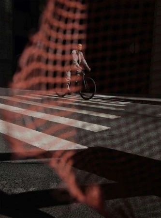 A man on a bicycle crossing a crosswalk, shadowed by an abstract red pattern in an urban environment with dark street aesthetic.