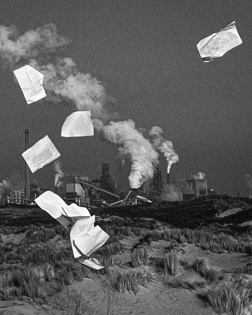 Black and white photo of papers blowing in the wind near dunes with an industrial plant and smokestacks in the background.