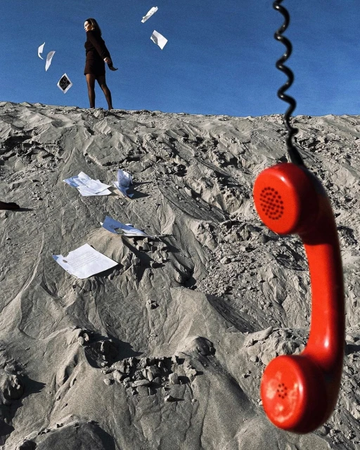 Woman on sand dune with flying papers and a red telephone receiver. A sunny, surreal photo, blue sky background. Fashion photography.
