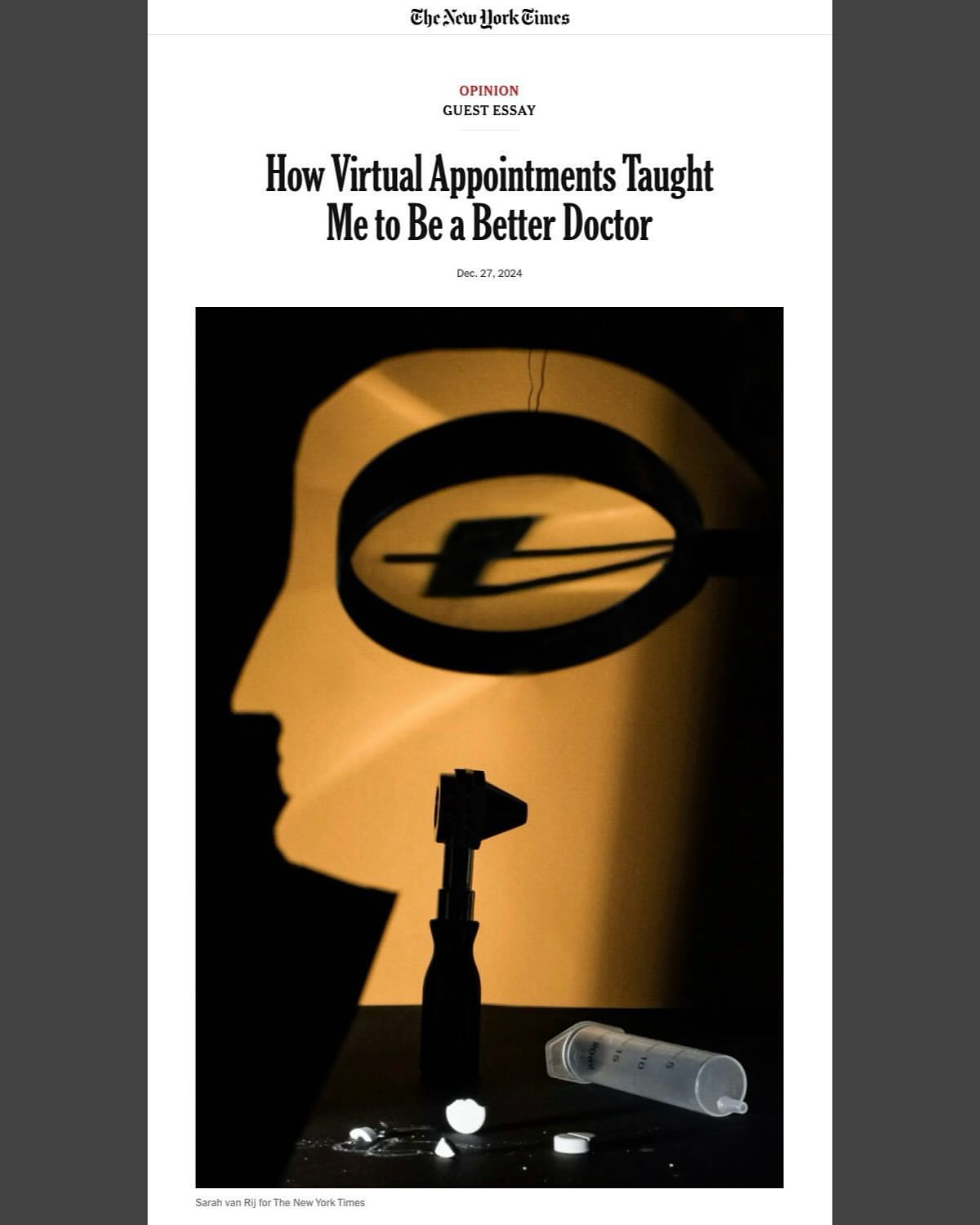 Conceptual image for virtual healthcare featuring a head silhouette with brain, otoscope, syringe, and white pills on a dark surface.