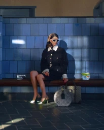 Woman wearing white sunglasses and dark jacket seated on a bench against blue tiled wall by Sarah Van Rij and David Van Der Leeuw