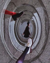 A person in dark stockings and white platform loafers framed within a repeating series of concrete elliptical architectural rings.