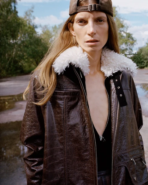 Woman in brown leather shearling jacket and cap stands outdoors with confident gaze, showcasing fashion and style in a natural setting.