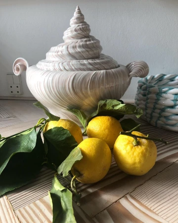 Ceramic tureen shaped like a large seashell accompanied by fresh yellow lemons with leaves and a woven basket.