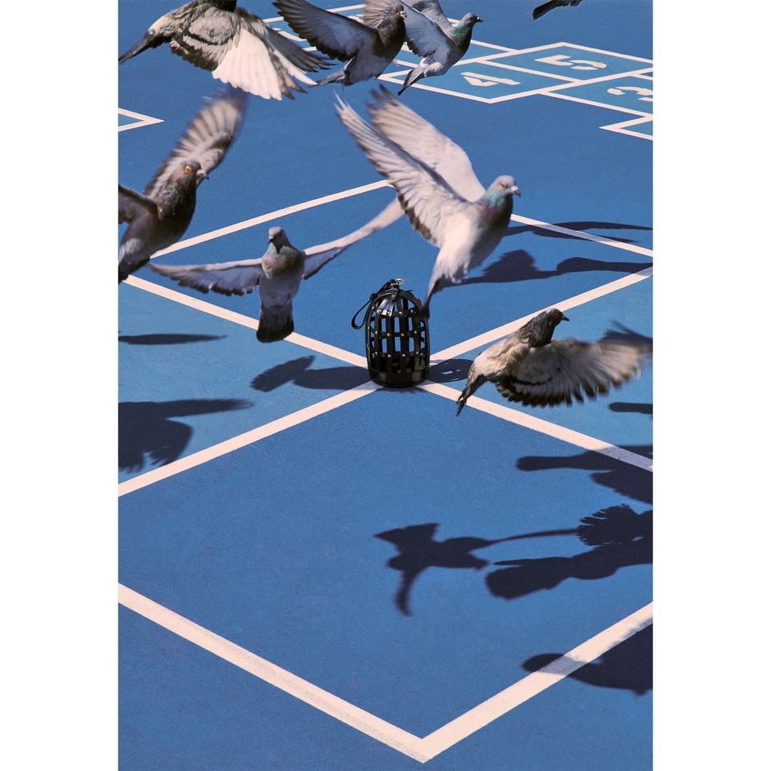 Pigeons in flight surround a dark birdcage on a blue court with white lines and geometric shapes, creating a surreal outdoor art image.