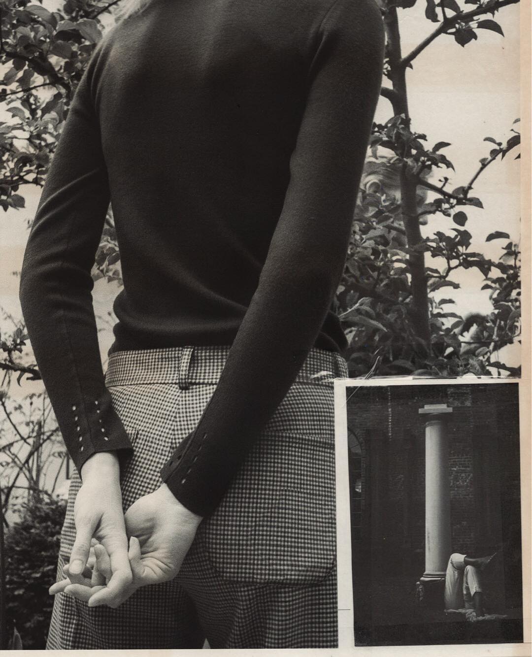 Fashion shot showcasing a black sweater and plaid pants on a slender person outdoors with a photo collage element.