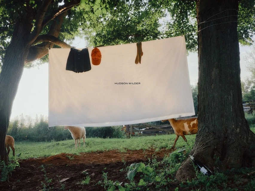 Outdoor product shot showcasing clothes hung on a line between trees, with sheep and a cow grazing in the green, grassy background.