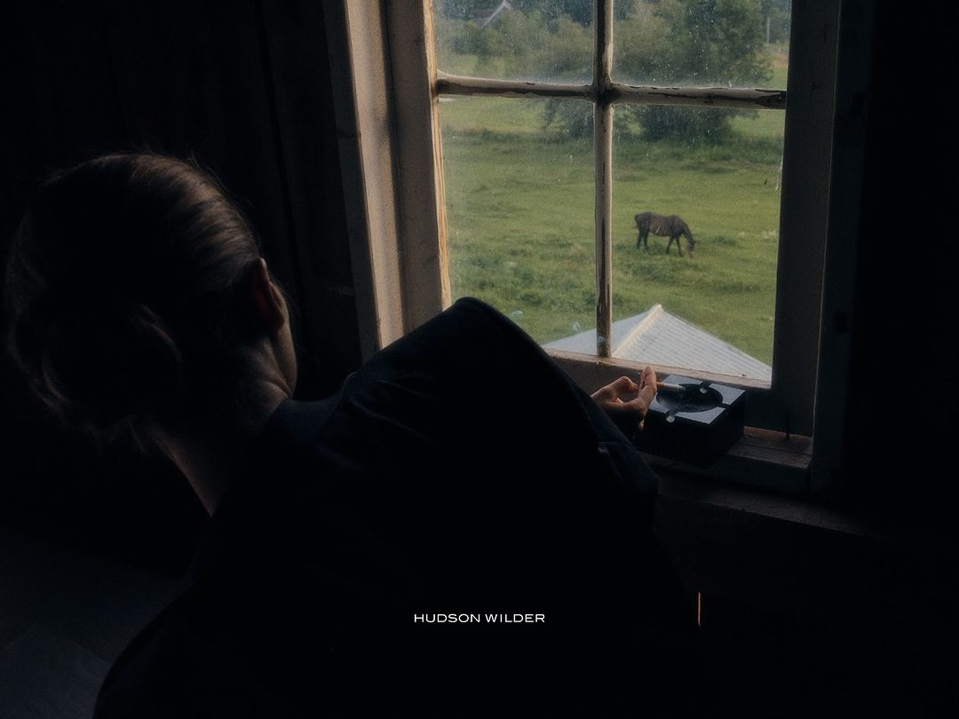 Person stands at a window looking out at a horse in a grassy field, bathed in soft, natural light creating a tranquil scene.