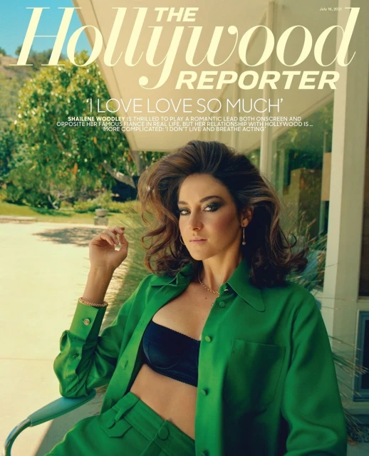 Magazine cover featuring Shailene Woodley in green suit, black top, posing outdoors with natural light, medium shot, neutral expression, cover title visible.