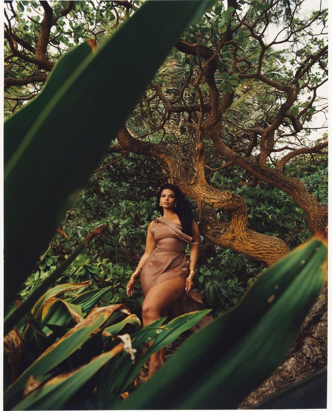 An adult woman poses in a sheer brown dress, surrounded by lush green foliage, with a large tree in the background, creating a natural, ethereal setting.