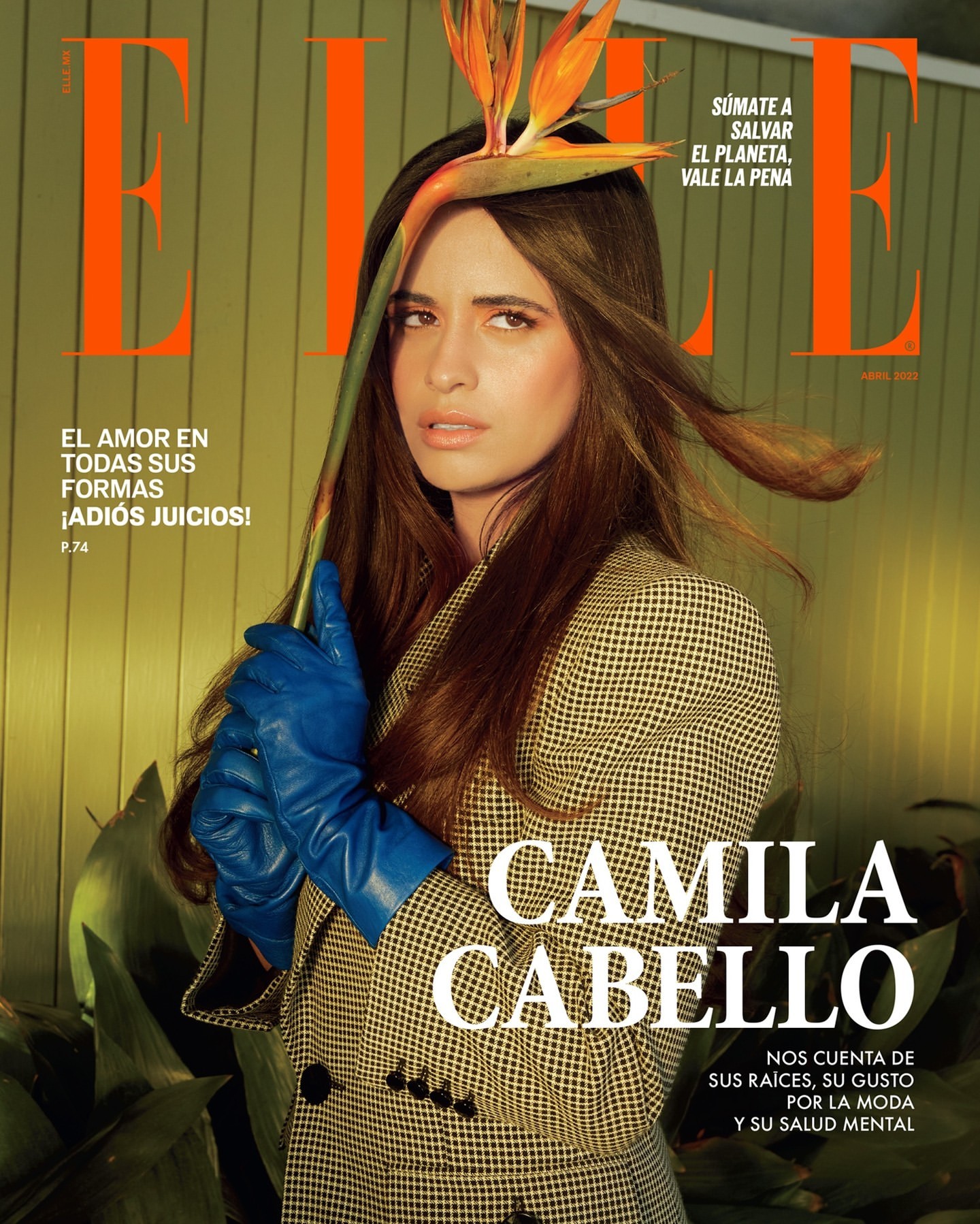 Magazine cover featuring Camila Cabello in a patterned coat and blue gloves, holding a bird of paradise flower, with 'ELLE' masthead.